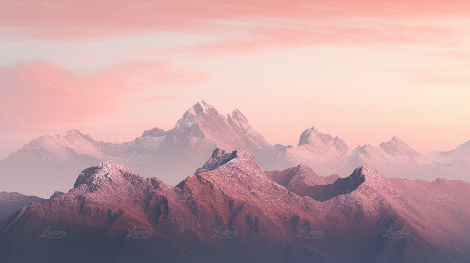 A snow-capped mountain range at sunrise beneath a pink and orange sky.