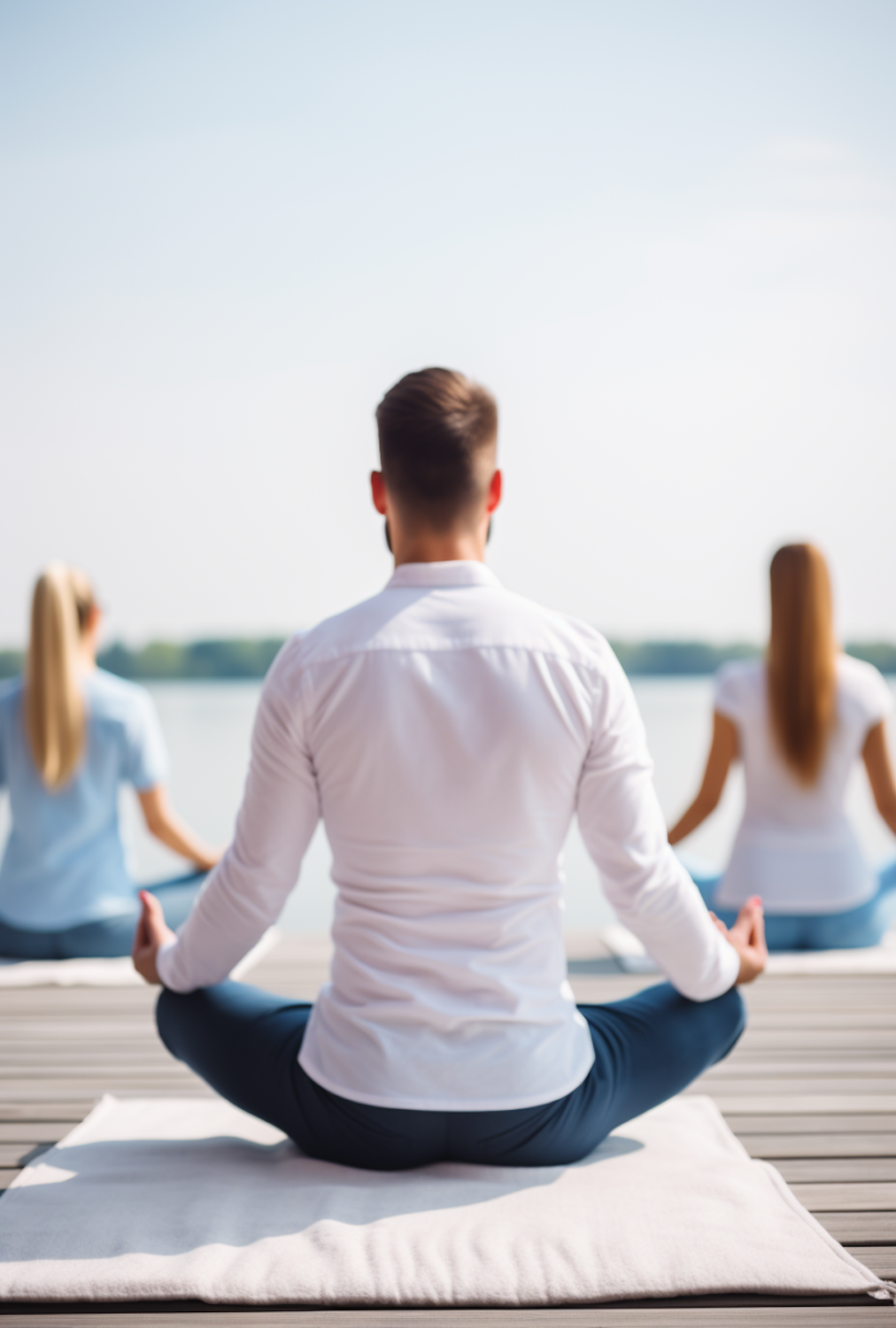 Three people sitting and meditating on a wooden deck beside calm water.