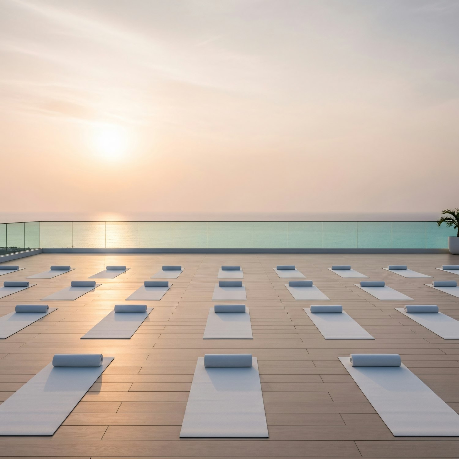 An outdoor deck laid out with yoga mats and towels overlooking open water.