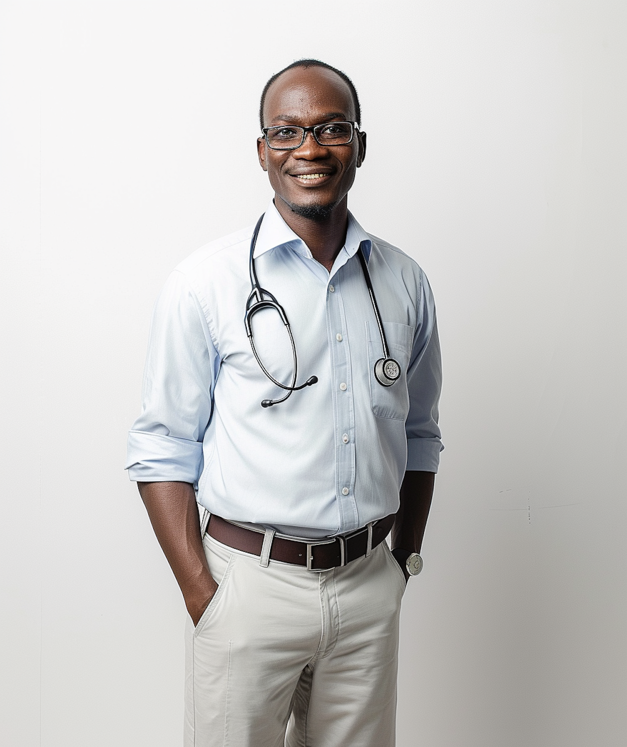 A man in a light blue shirt and glasses smiling against a white background.