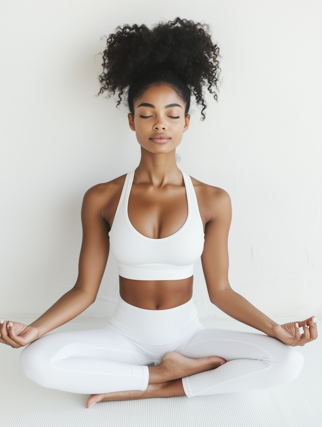 A person in white activewear sitting with eyes closed in a meditative posture.