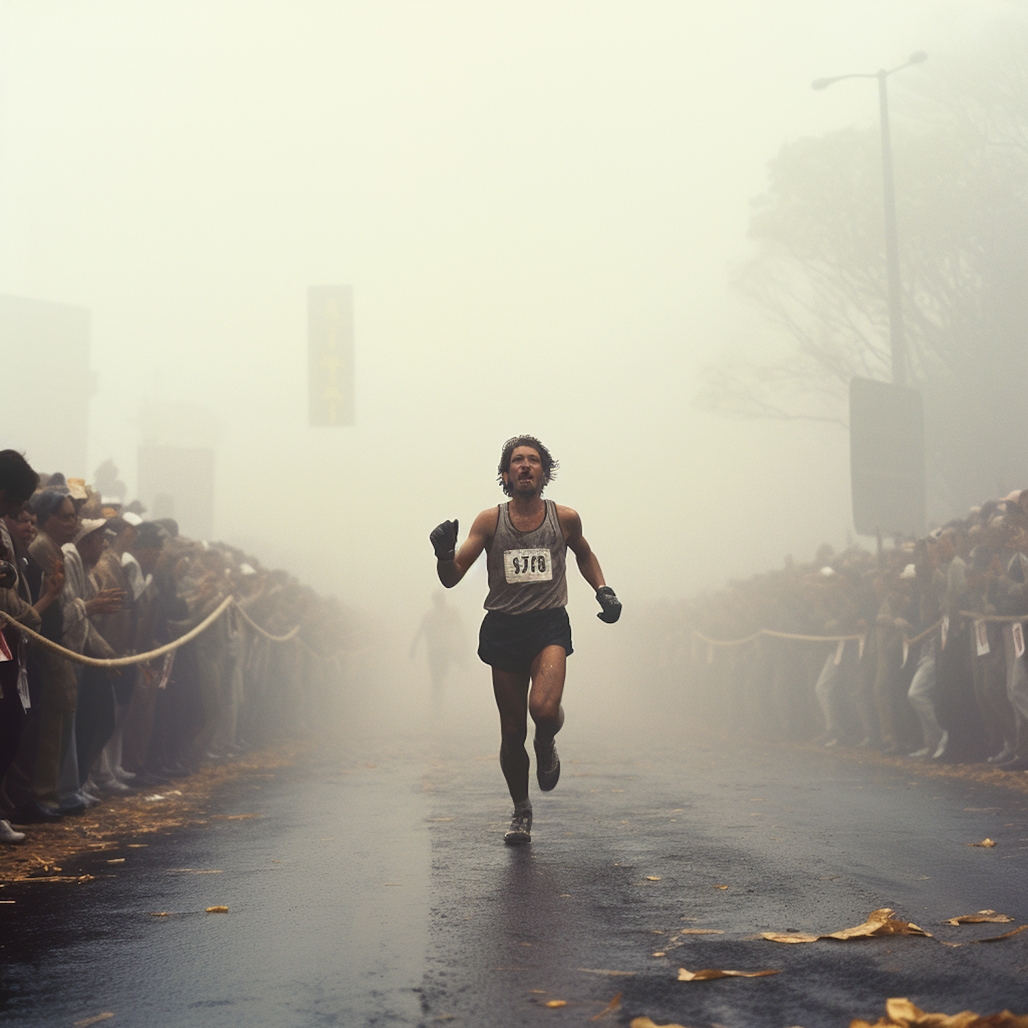 A runner making their way along a wet city street on a foggy morning as onlookers cheer.