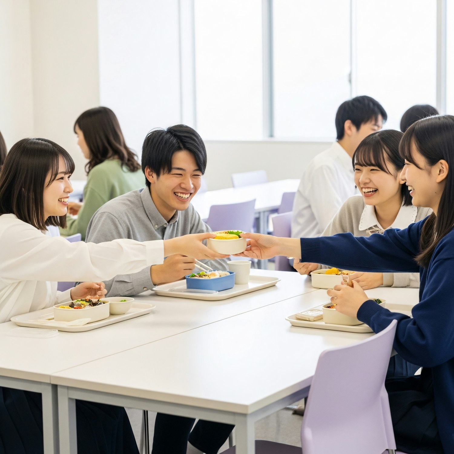 A group of friends sharing a meal and laughing together around a long bright table.