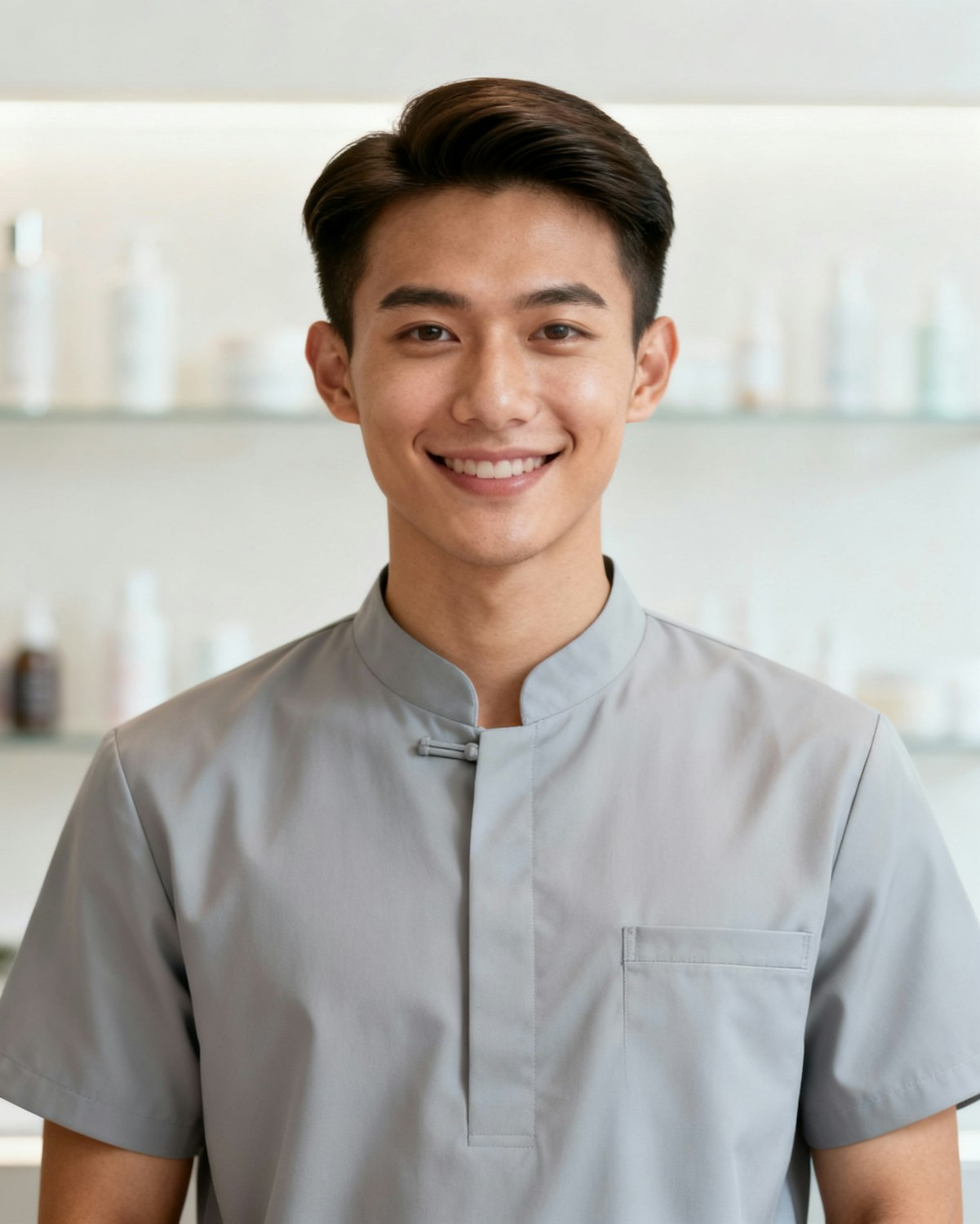 A man in a grey shirt smiling in a bright room.