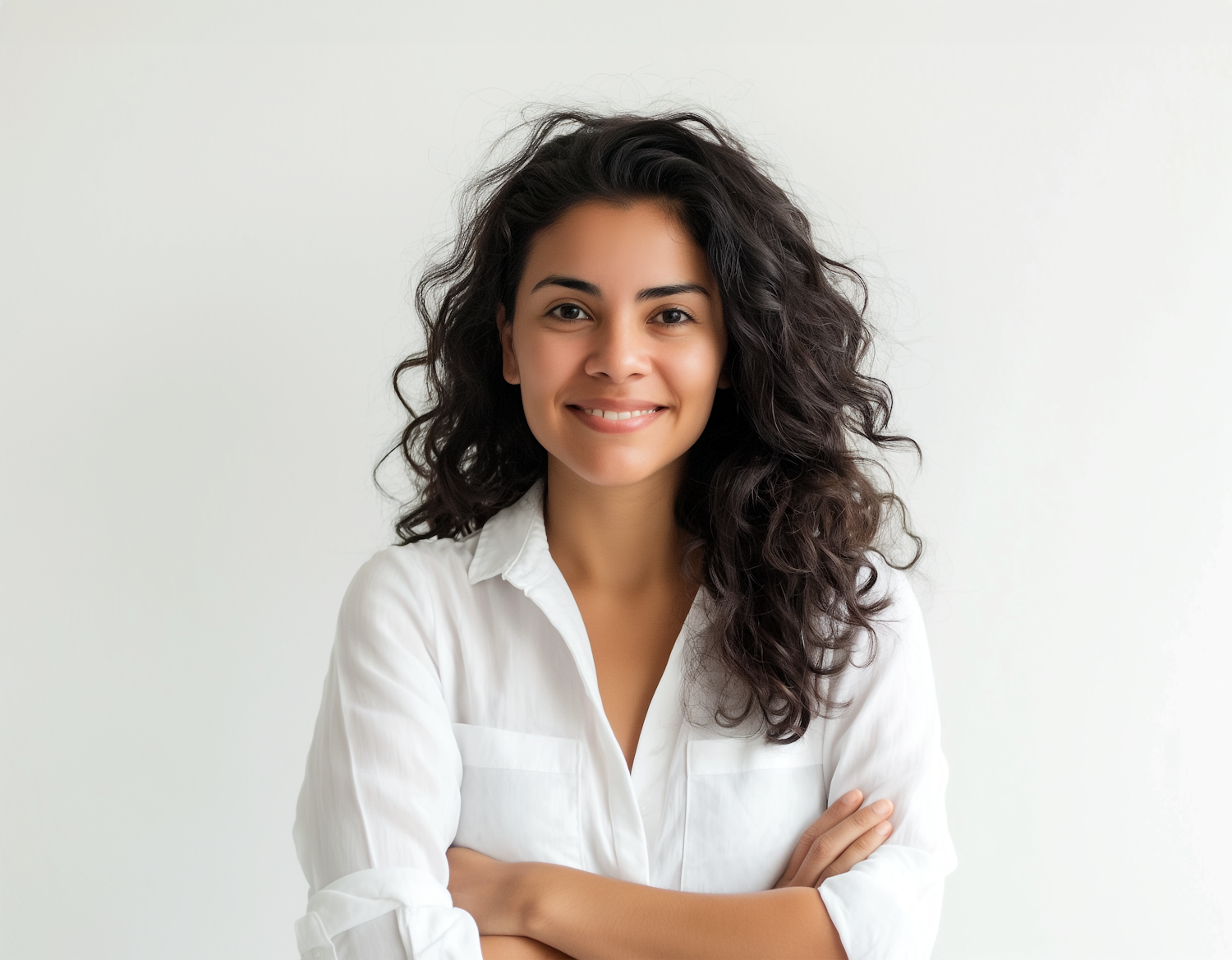 A woman with curly hair in a white shirt smiling at the camera.