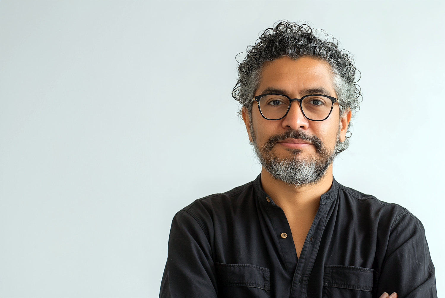 A man with grey curly hair and glasses in a black shirt looking at the camera.