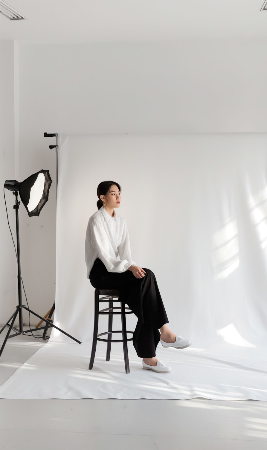 A woman in a white blouse seated in a minimalist studio with a plain backdrop.